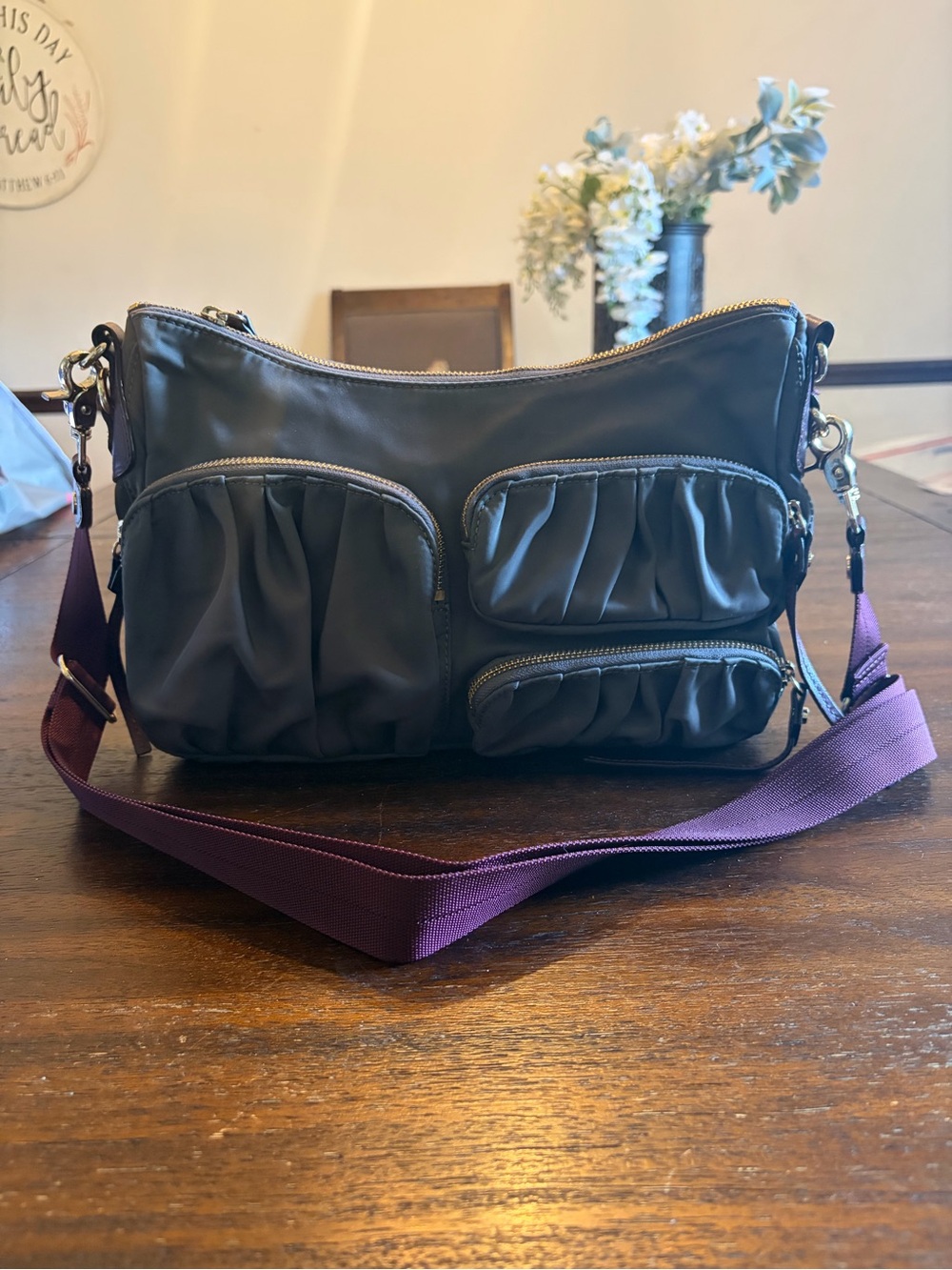 MZ Wallace Paige Crossbody Bag Gray Nylon Plum Strap Ruched Pockets